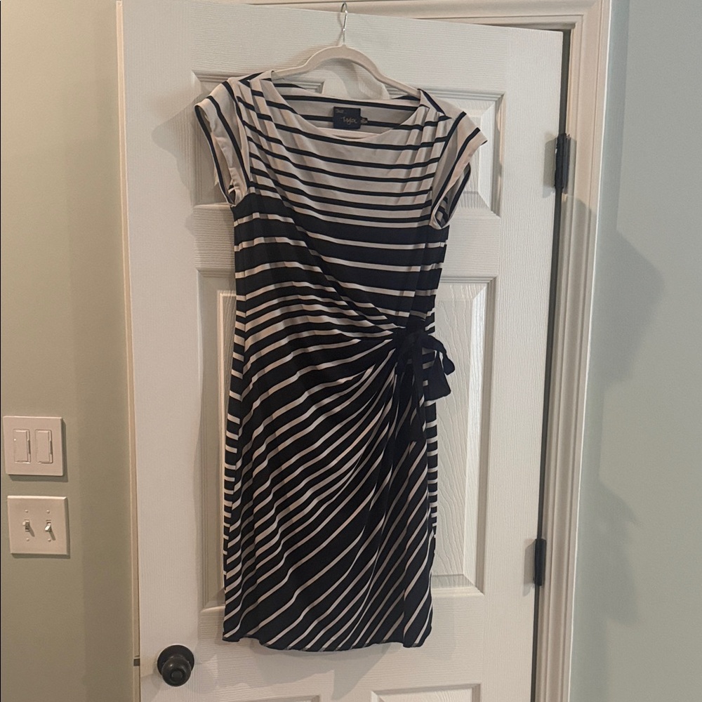 Just...Taylor Black and White Striped Midi Dress with Side Tie Waist